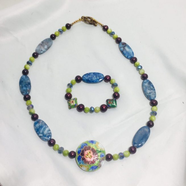 Cloisonne, Agate, Pearl, Shell and Crystal Bracelet and Necklace Set