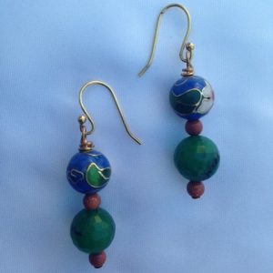 Earrings made with Cloisonne, Green Jade and Gold Stone