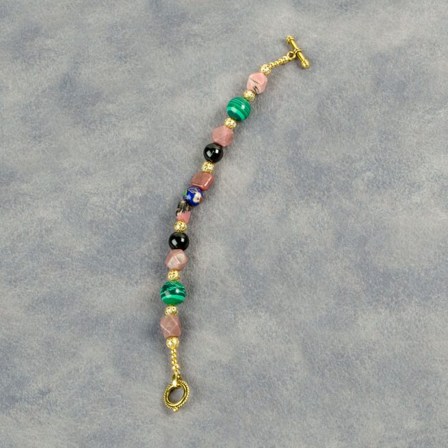 Bracelet made with Cloisonne, Rhodonite, Malachite and Black Onyx