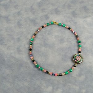 Necklace made with Cloisonne, Rhodonite, Malachite and Black Onyx