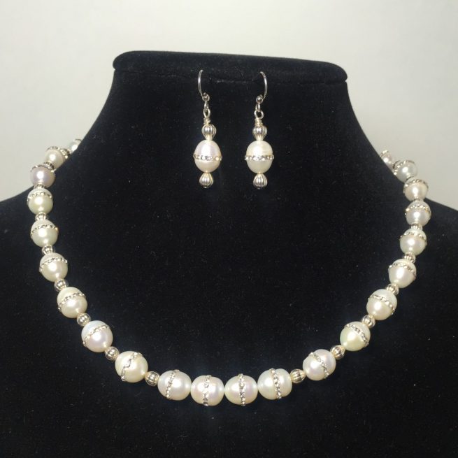 Freshwater Pearls with diamantes necklace and earrings
