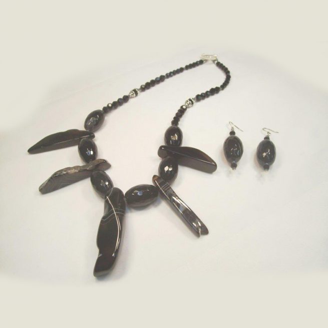 Set of earrings and necklace made with Black Agate and Crystals