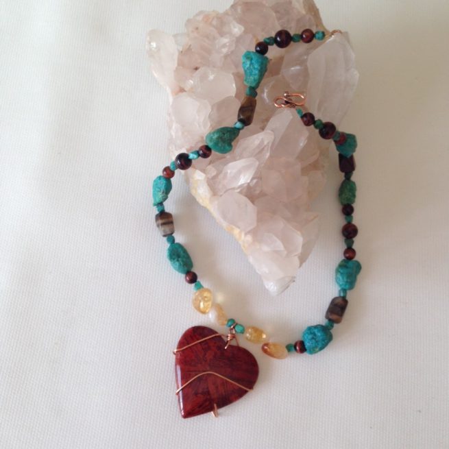 Necklace made with Turquoise, Citrine, Banana Bark, Tiger’s Eye, Agates, Malachite and Pearls