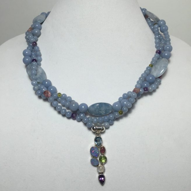 Angelite, Aquamarine, Amethyst, Opal, Pink Tourmaline, Peridot, Moonstone and Sterling Silver Necklace and Earrings Set