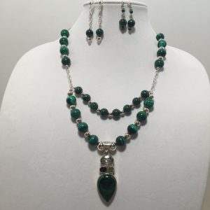 Set of earrings are necklace made with Malachite, Amethyst, Peridot, Smokey Quartz, and Sterling Silver