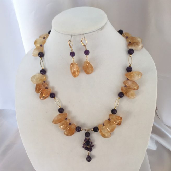Citrine and Amethyst Necklace and Earrings Set