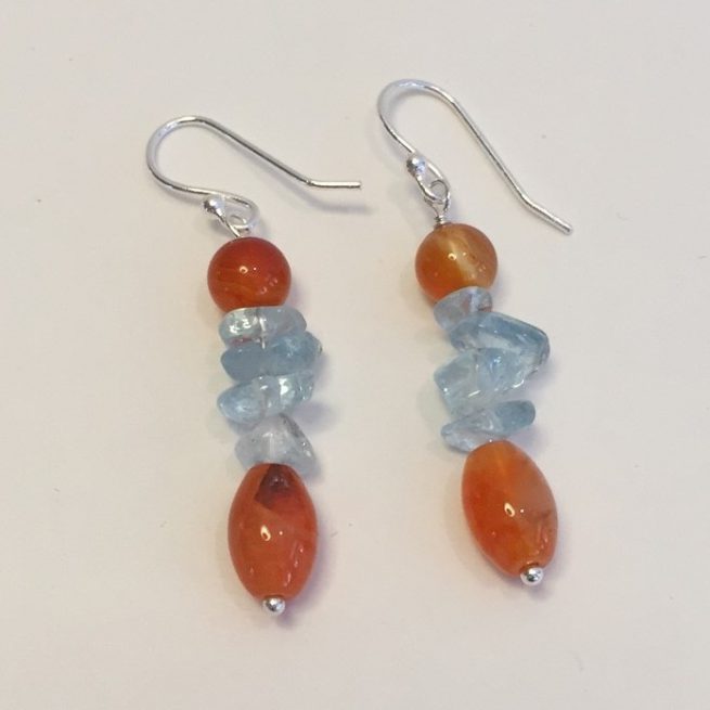 Earrings made with Aquamarine, Agates, and Silver Plate