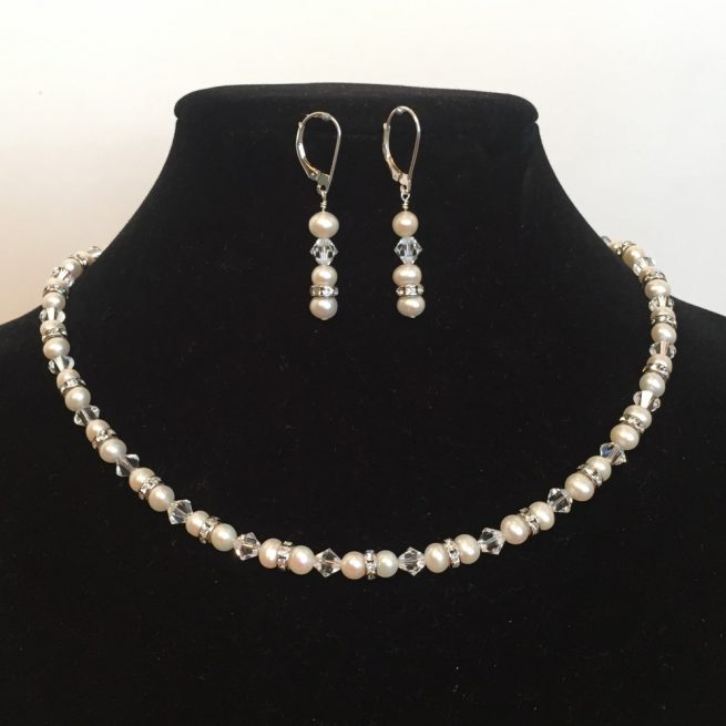 Freshwater Pearls and Crystals Necklace and Earrings