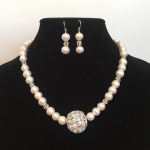Pearl, Crystal and Sterling Silver Necklace and Earrings set