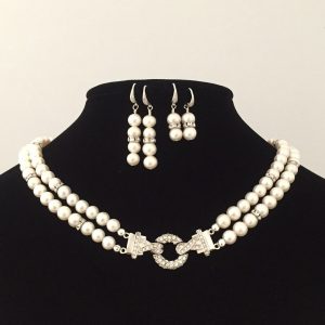 Freshwater Pearls, Swarovski Crystals and Sterling Silver Double Strand Necklace and Earrings