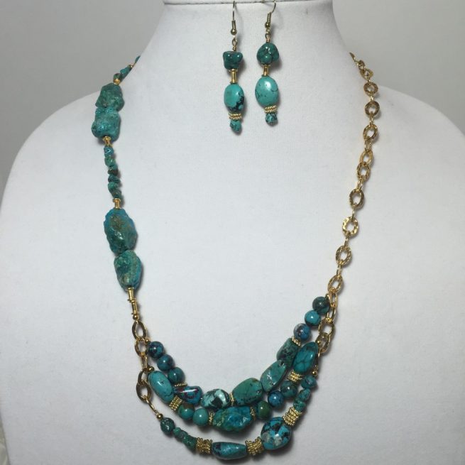 Turquoise and Gold Plate Asymmetrical necklace and earrings