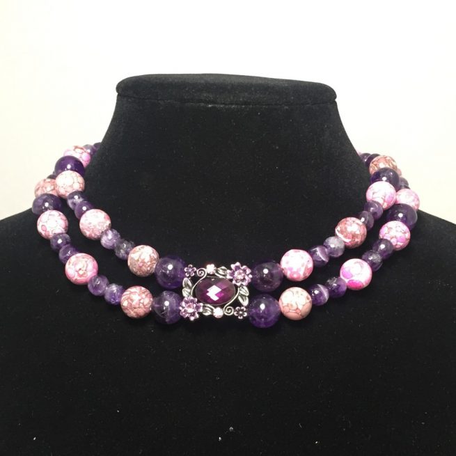 Amethyst, Jasper, and silver plate double strand necklace