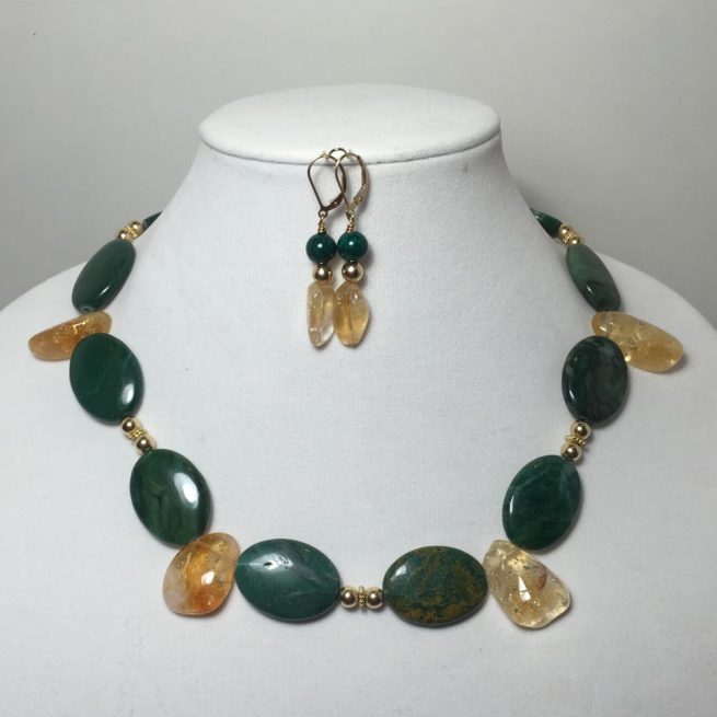 Citrine, African Jade and Gold Filled Necklace and Earrings