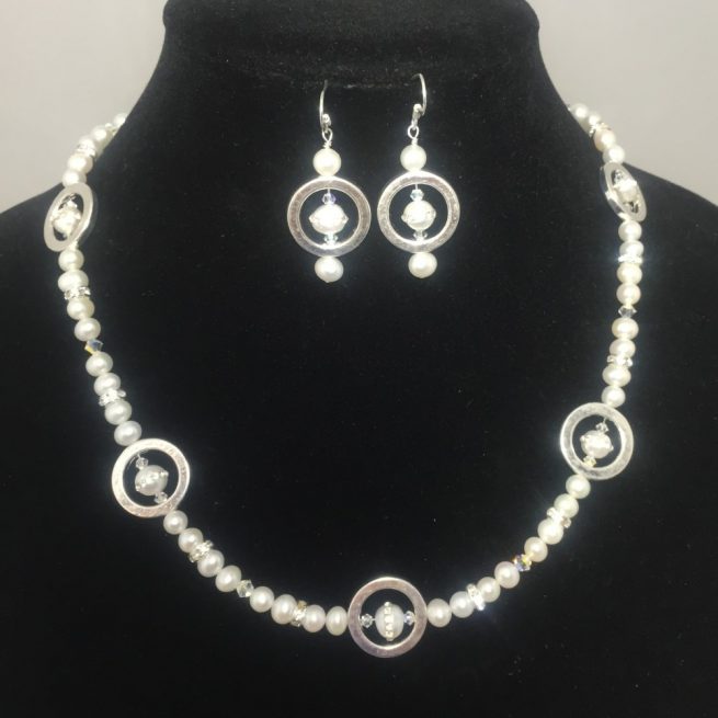 Freshwater pearls, silver and crystal necklace and earrings