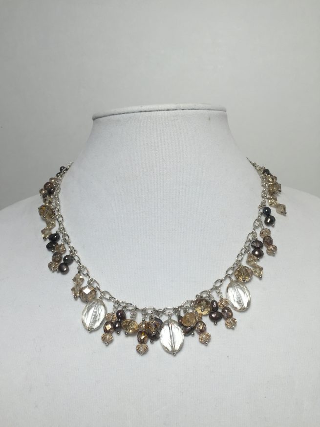 Freshwater pearls, crystals and silver plate necklace
