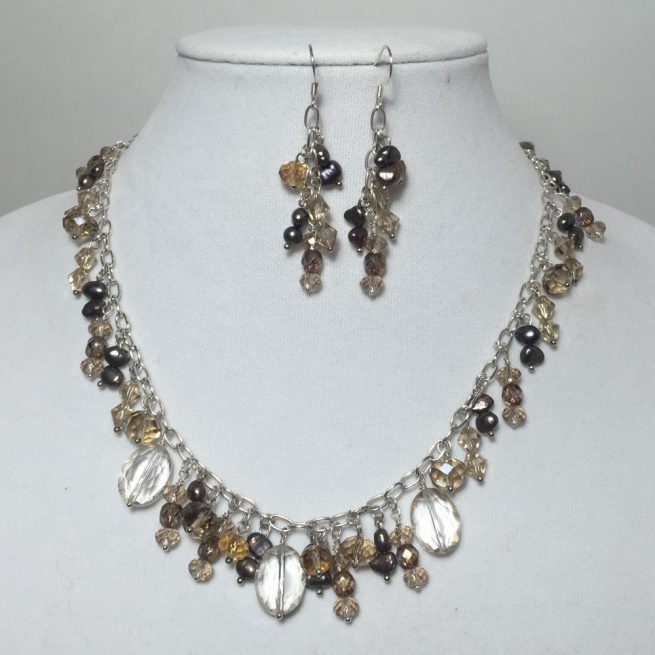 freshwater pearls, crystals and silver plate necklace and earrings