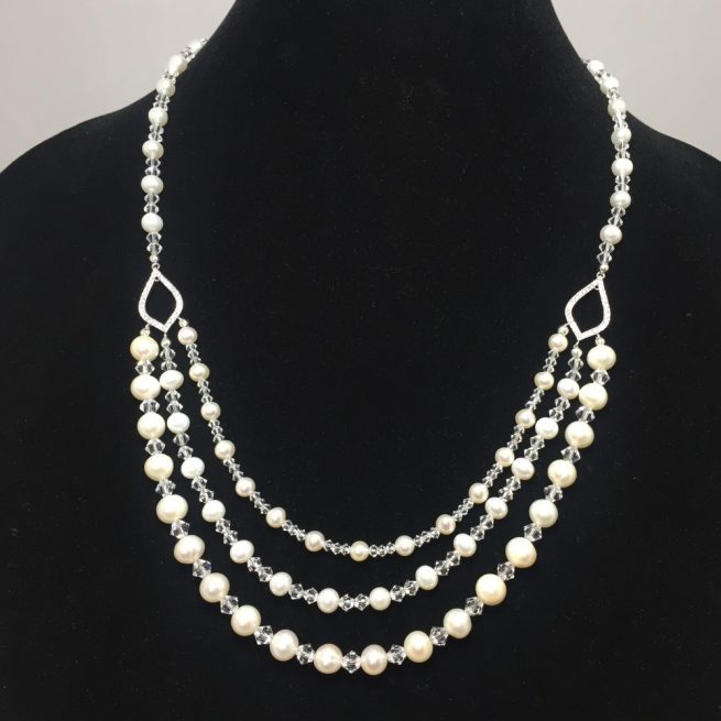 Triple strand freshwater pearl and Swarovski crystal necklace