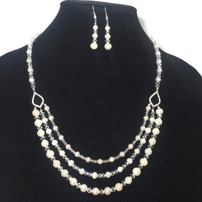 Freshwater Pearls, Swarovski Crystal, Sterling Silver Necklace and Earrings