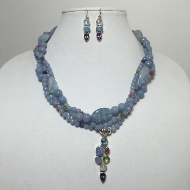 Angelite, Aquamarine, Amethyst, Opal, Peridot, Moonstone and Sterling Silver necklace and earrings set