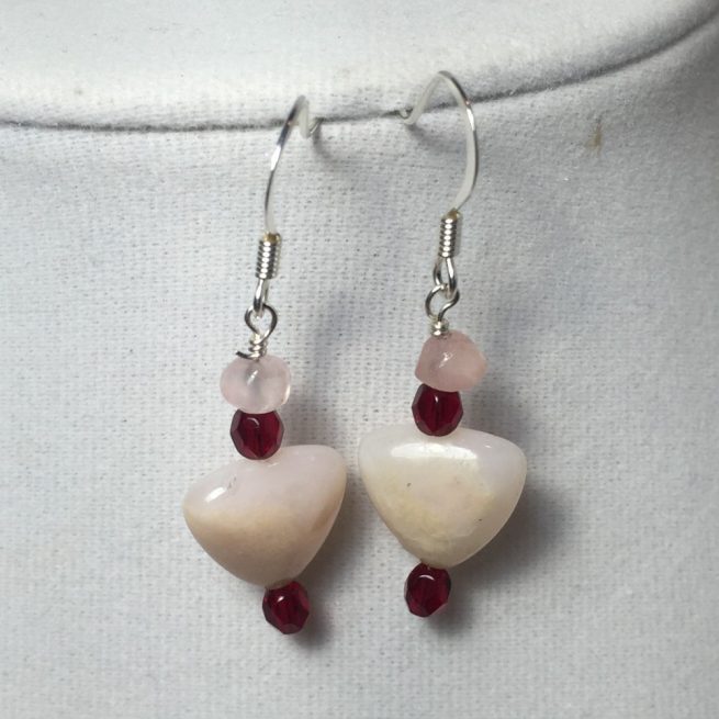 Heart earrings made with Earrings made with made with Rose Quartz, Crystals, Silver and Pink Opal