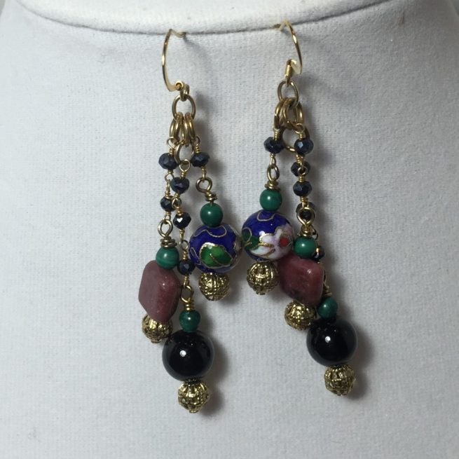 Earrings made with Cloisonne, Rhodonite, Malachite and Black Onyx