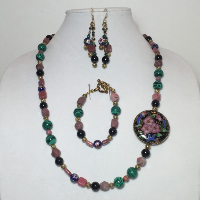 Set made with Cloisonne, Rhodonite, Malachite and Black Onyx