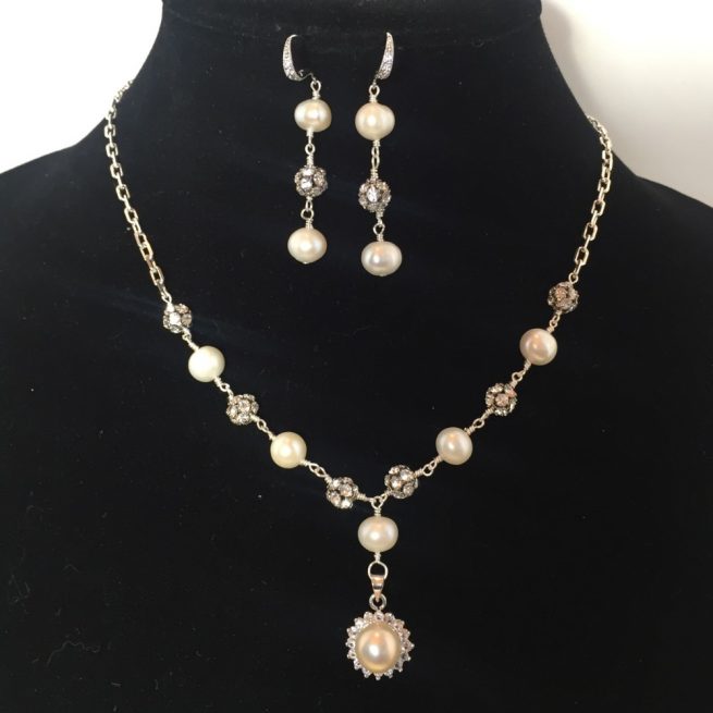 Earrings and necklace made with Pearls, Swarovski Crystals and Sterling SIlver