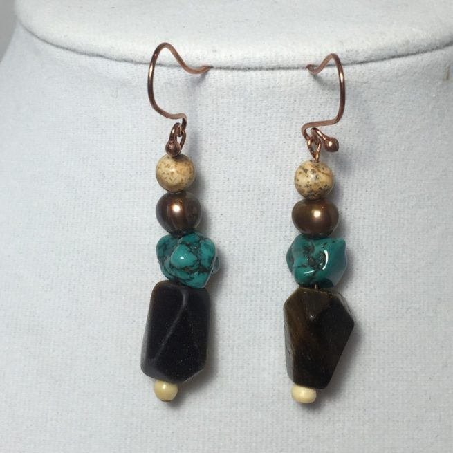 Earrings made with Turquoise, Citrine, Banana Bark, Tiger’s Eye, Agates, Malachite and Pearls