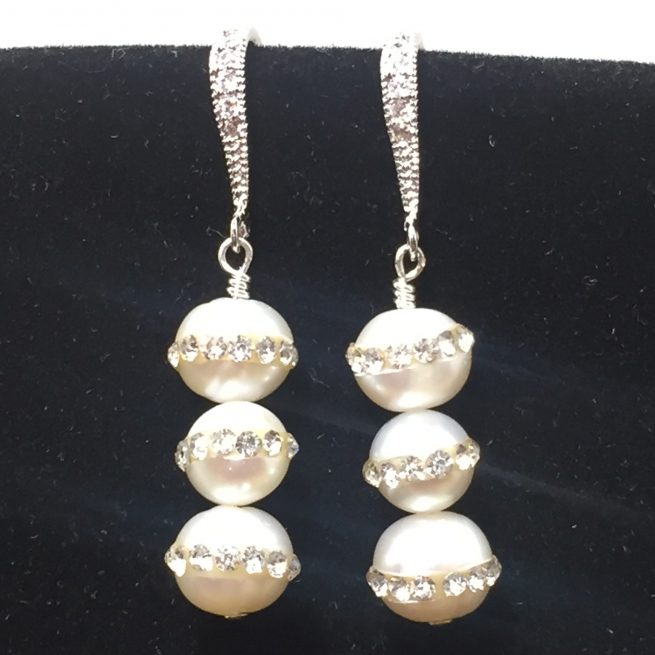 Tripple Pearl Earrings made with Pearls and Crystals