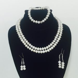 Pearl and Crystal Earrings, Necklace and Bracelet Set