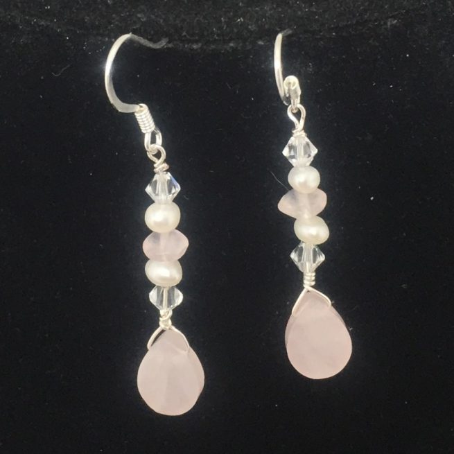 Earrings made with Crystals, Sterling Silver, Rose Quartz and Pearls