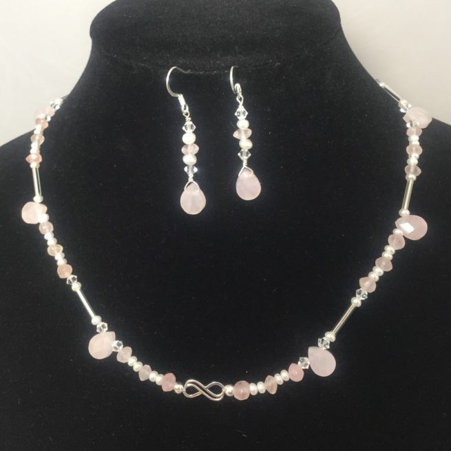 Set made with Crystals, Pearls, Sterling Silver and Rose Quartz