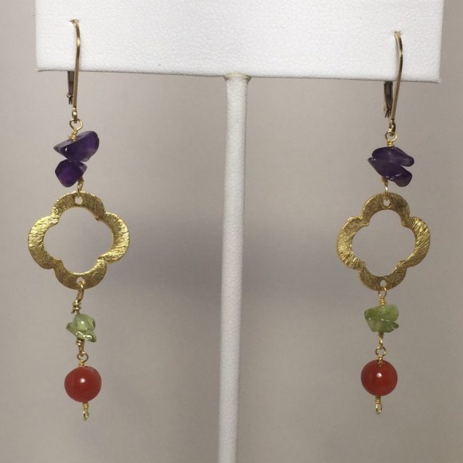 Earrings made with Carnelian, Prehnite, and Amethyst