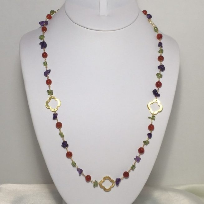 Neckalce made with Carnelian, Prehnite, and Amethyst