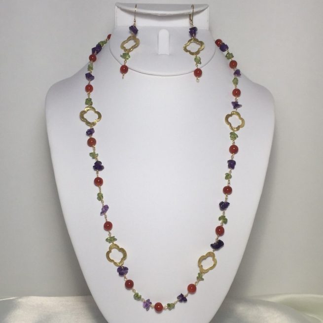 Set made with Carnelian, Prehnite, and Amethyst