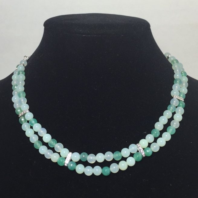 Necklace made with Green Jade, Green Agate, and Crystals