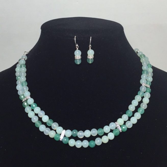 Set of earrings and necklace made with Green Jade, Green Agate, and Crystals