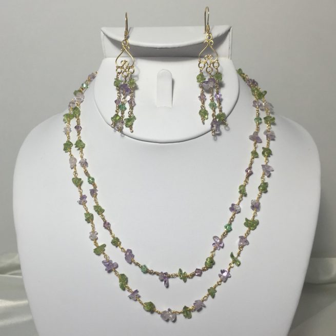 Amethyst, Peridot and Swarovski Crystal necklace and earring set