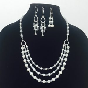 Fresh Water Pearls, Swarovski Crystal and Sterling Silver Necklace and Earrings Set