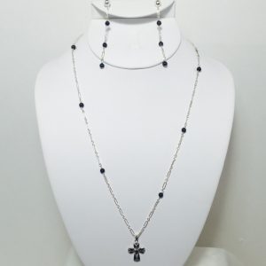 Onyx marquisite sterling silver cross necklace and earring set