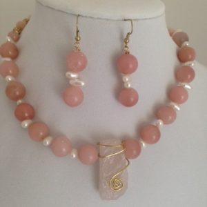 Opal, Fresh Water Pearl and Quartz Matching Necklace and Earrings