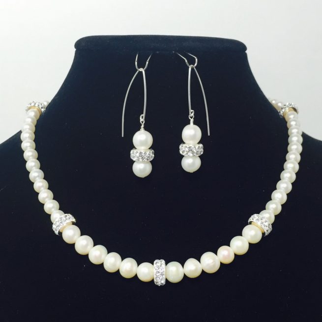 Pearl and Swarovski Crystal Necklace and Earring Set