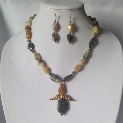 Opal, Agate Labrodite and silver angel necklace and earrings