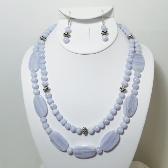 Blue Lace Agate and Sterling Silver Necklace and Earrings Set
