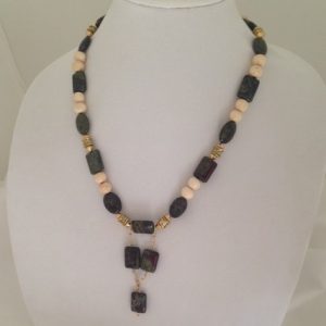 Bloodstone, gold plate and bone necklace
