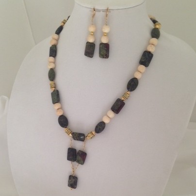 Bloodstone, gold plate and bone necklace and earrings set