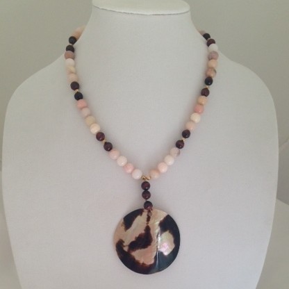 Pink Opals, red Tiger Eye and Shell necklace