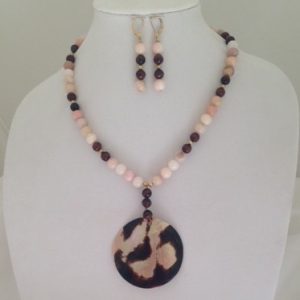 Pink Opals, red Tiger Eye and Shell necklace and earring set
