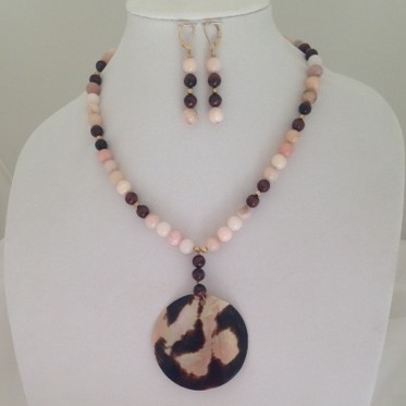 Pink Opals, red Tiger Eye and Shell necklace and earring set