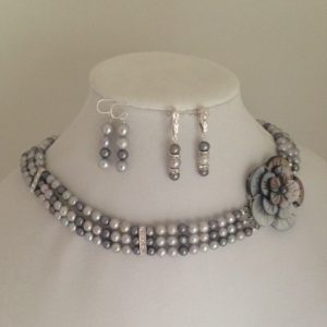 Pearls, Shell and Crystal necklace and earring set